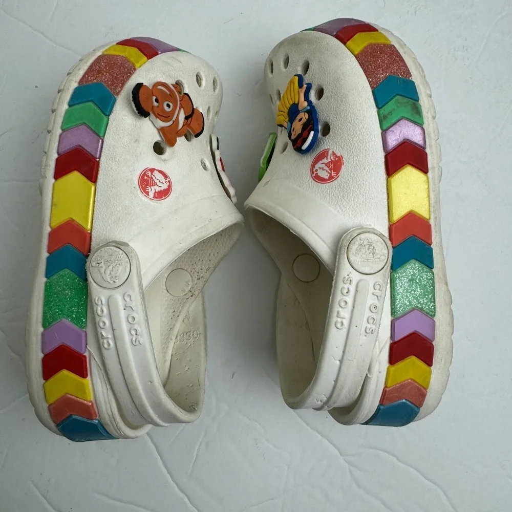 CROCS Girl's Sandals Flip Flop Clogs White Rainbow Size C7